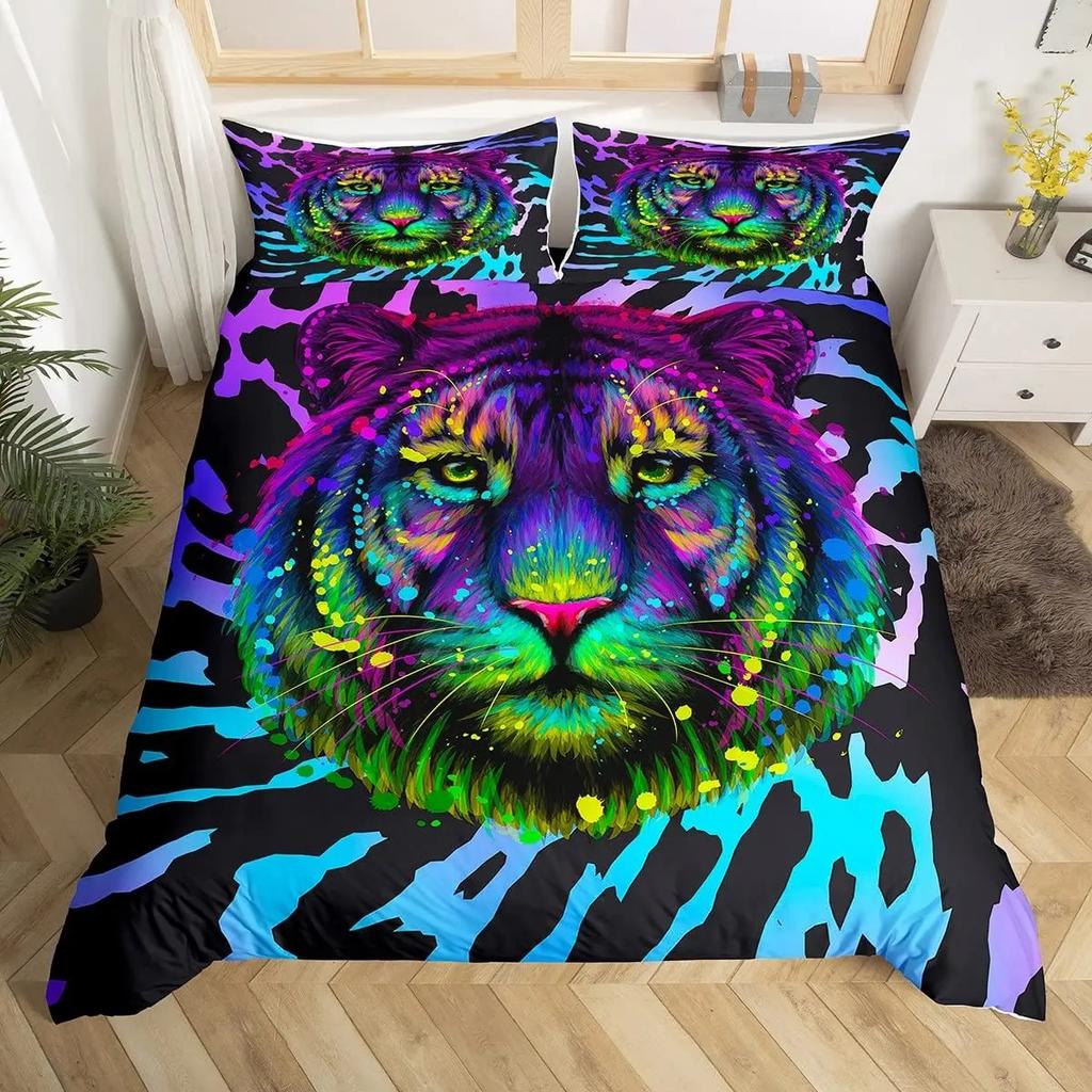 New Tiger Bedding Set Red Rose Flower Africa Big Cat Comforter Cover Set Animal Themed 2-3Pcs Queen Size Duvet Cover Set