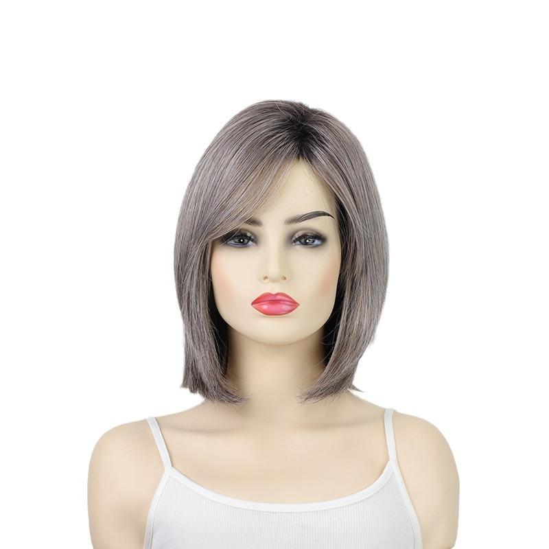 Element Synthetic Cosplay Bob Wig with Bangs Short Straight Ash Silver Grey Daily Party Wigs for Women Heat Resistant Fiber Wigs