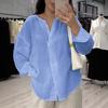 Women Tops V Neck Long Sleeve Pure Color Mid-length Pullover Tops with Asymmetrical Slit Curved Hem Loose Fit Versatile Casual Shirt