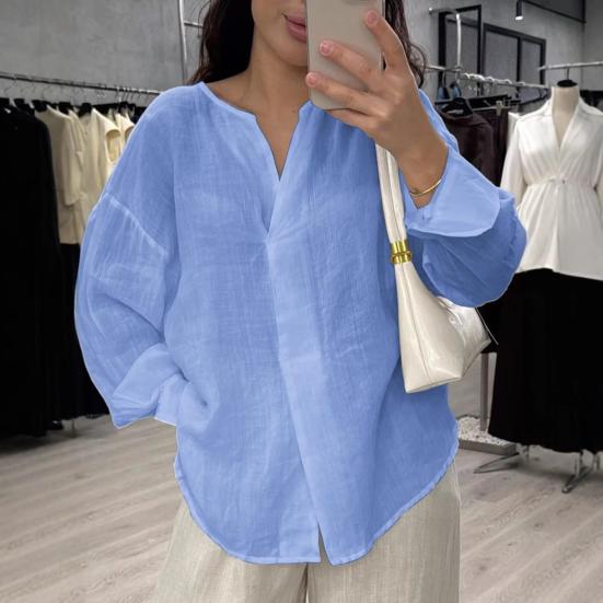 Women Tops V Neck Long Sleeve Pure Color Mid-length Pullover Tops with Asymmetrical Slit Curved Hem Loose Fit Versatile Casual Shirt
