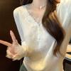 Lace edge v-neck solid color knitted bottoming shirt women's cardigan autumn and winter new foreign style long-sleeved short sweater