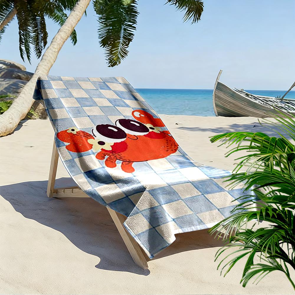 Cute Red Crab with Flowers On Checkered Blue Background - Beach Towel Quick-drying for Travel Outdoor Sports Jogging Beach and Swimming