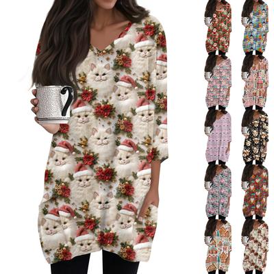 Womens Tops V-neck 3/4 Sleeve Blouses Casual Mid-length Shirts Fashion Christmas Print Tunic Tops With Pockets