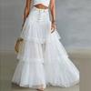 Elegant Denim Patchwork Tulle Maxi Skirts High Waist Button Pocket Multi Tier Ruffle Mesh Flowy Skirt Women Autumn Casual Skirts