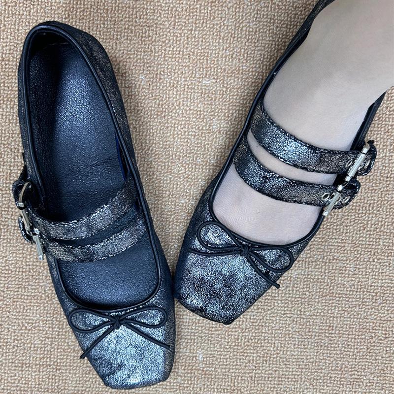 Cowhide version~ New retro ballet flat shoes bow thick heel college style Mary Jane small leather shoes women