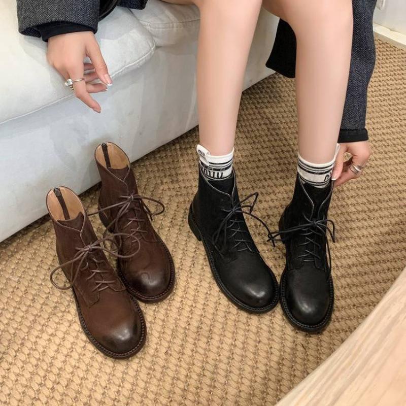 Autumn and winter leather knight boots rear zipper middle heel round head cowhide medium boots new thick-soled large-size women's leather boots