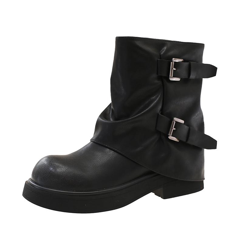 Fashion Winter Fashion Slip On Women Ankle Boots Elegant Back Belt Buckle Low Heels Shoes Leather Botas Zapatos De Mujer