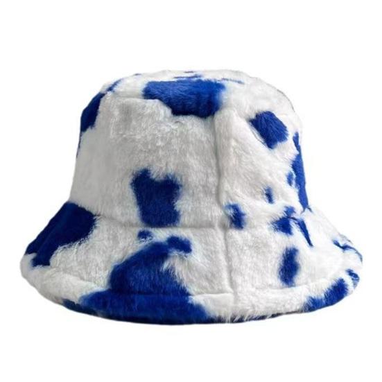 Faux Fur Fisherman Bucket Hat Milk Cow Pattern Warm Cozy Fluffy Bucket Hat Christmas Thanksgiving Headwear