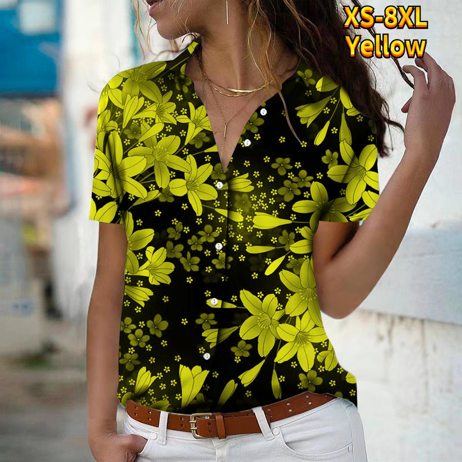 2025 Sommer Ny Mote Dame Blomsterprint Kortermet V-hals Casual Knappedown Skjorte Topp