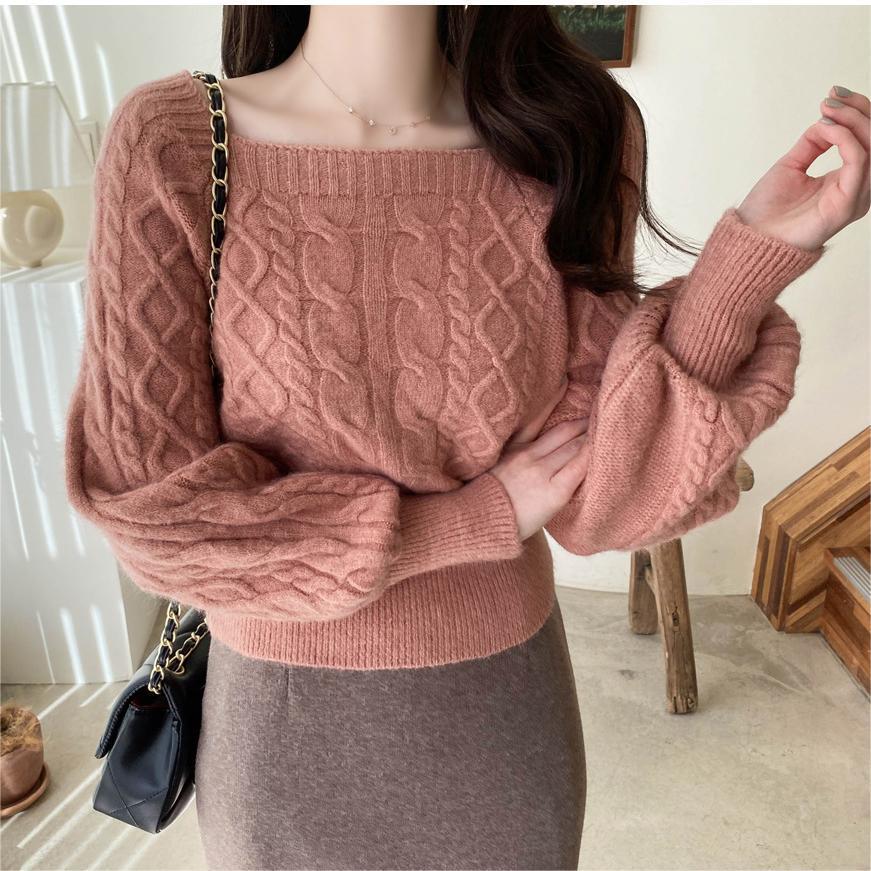 WTEMPO Women's Solid Color Casual Outdoor Versatile Retro Sweaters Long Sleeve Spring Autumn Square Collar Knitted Pullovers