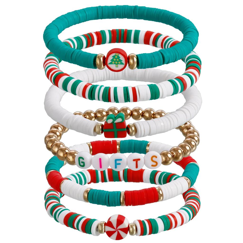 Y2K Polymer Clay Stackable Bracelet Set For Women Santa Claus Tree Elk Deer Snowflake Charm Beaded Bangle Christmas Jewelry