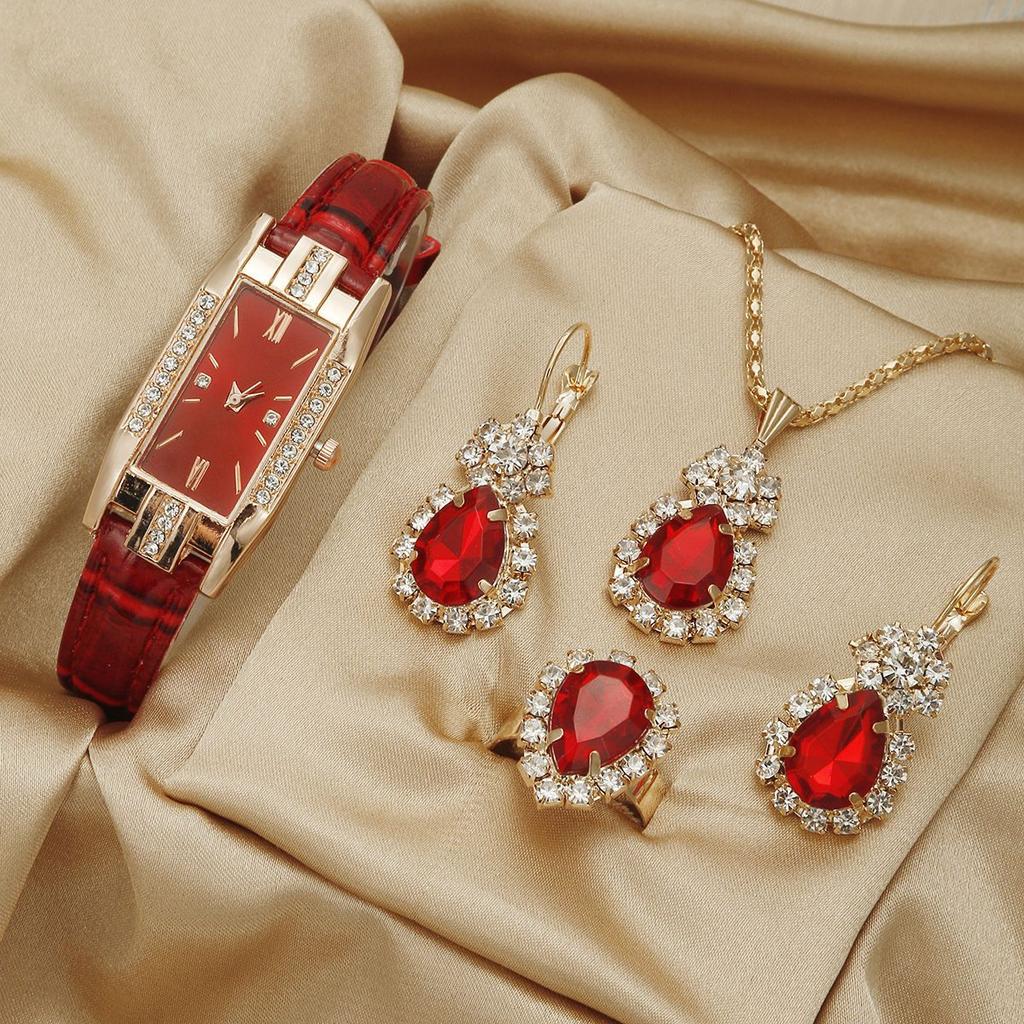 Σετ ρολογιών 5 τεμαχίων Vintage Rhinestone, δερμάτινο λουράκι από μαλακό PU, δείκτης από κράμα ψευδαργύρου, πλήρες ασορτί σετ κοσμημάτων με εξαιρετικά σκουλαρίκια και κολιέ