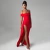 Women's Off Shoulder Ruched Maxi Dress High Slit Bodycon Draped Elegant Evening Party Wedding Guest Dress