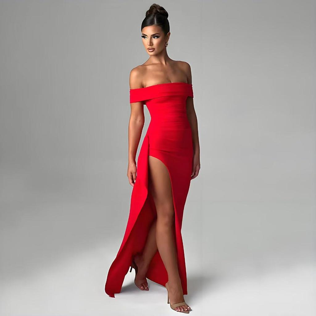 Women's Off Shoulder Ruched Maxi Dress High Slit Bodycon Draped Elegant Evening Party Wedding Guest Dress