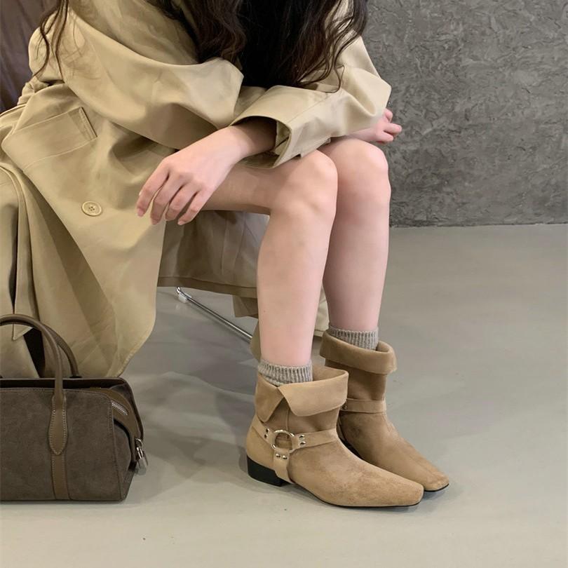 2025 autumn new French retro low heel square head two wear lapel western cowboy boots women's fashion belt buckle