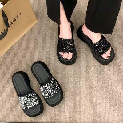 Black Beaded Open-toed Thick-soled Cool Slippers Women's Summer 2025 New Fashion Square Head Waterproof Table High Heel Comfortable