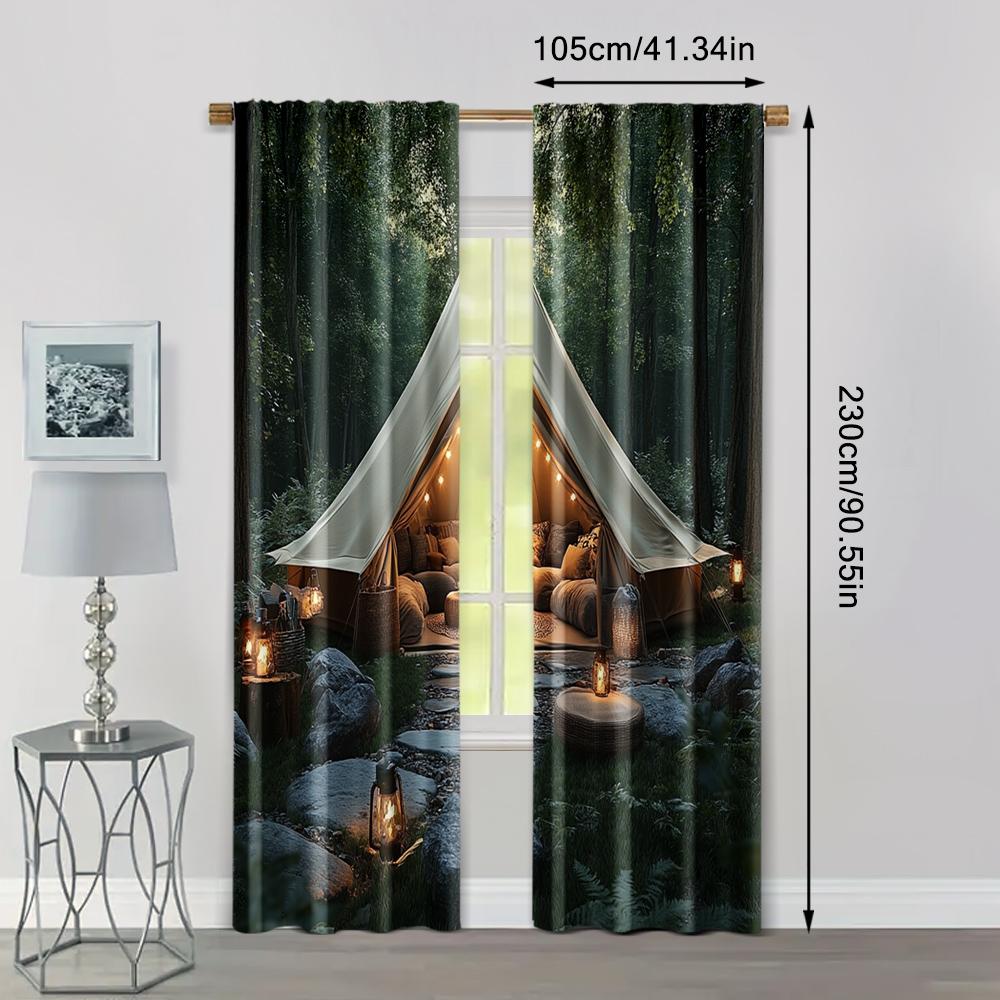2pc,  Party Curtain Forest Scene Camping Machine Washable Fabric,Without Electricity Festive Backdrops Use for College Dormitory