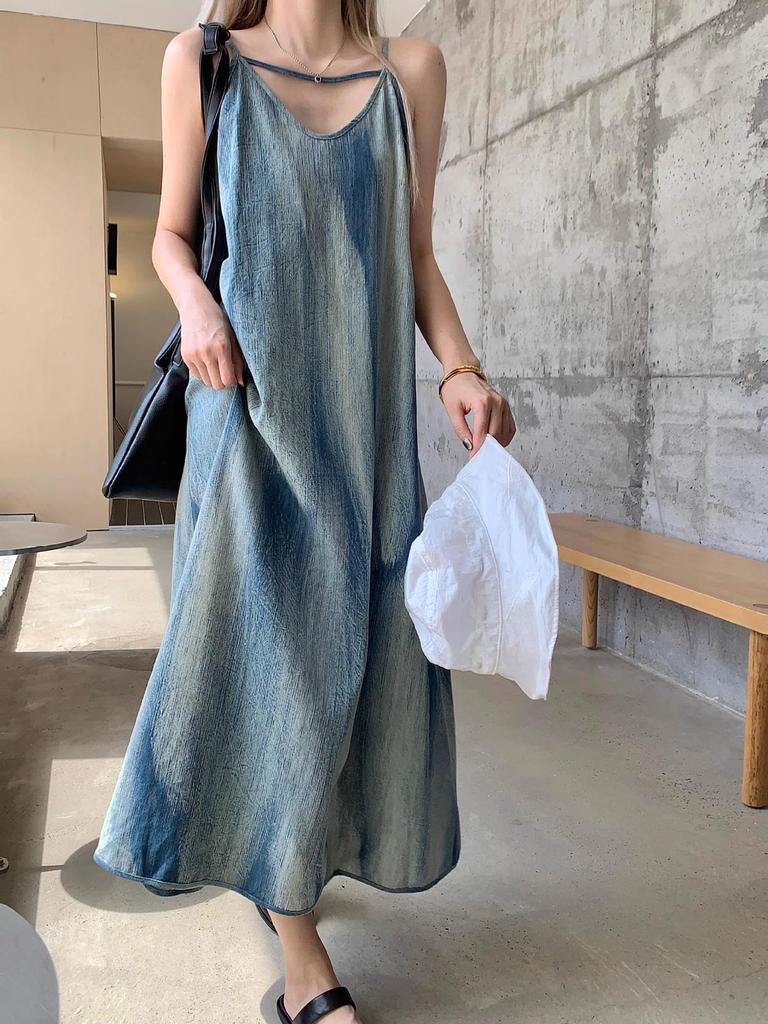 Nestkanina Cami Cool Summer DRS028 Women's Maxi-Length Dress, Dress, Flared, Long, A-Line, Spring/Summer Dress, (XL, Blue)