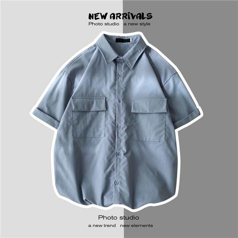 

Мужская модная рабочая рубашка с коротким рукавом и двойным карманом 3XL синий