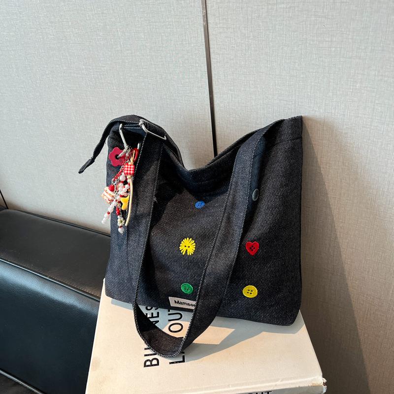 High-End bestickte Denim-Tasche Damen neue trendige Mode Schulter-Umhängetasche Pendler-Bucket-Bag