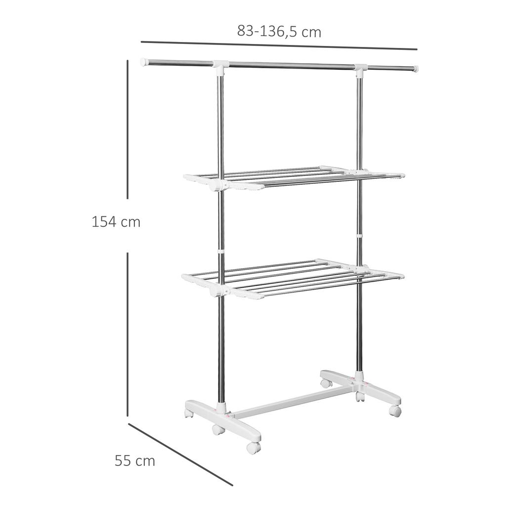 Tower Clothes Airer, Extendable Standing Dryer with 3 Levels, Foldable Wings, Casters, 154 cm, White