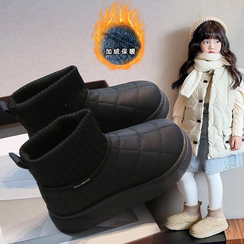 Girls Snow Boots 2025 Winter New Children's Fleece Thickened Cotton Shoes Boys' Warm Short Boots Medium and Older Socks Boots