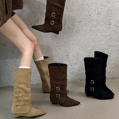 Frühling Herbst Winter Neu Spitzschuh Ohne Knie Metallgürtelschnalle Keilabsatz Kitten Heel Stiefel Mode Rutschfest Hohe Stiefel