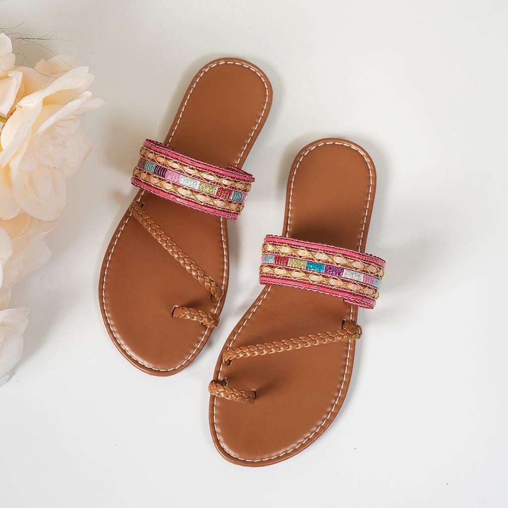 Fashion Bohemian Women Slippers Fashion Clip Toe Sandals Summer Flat Beach Shoes Plus Size Lightweight Outdoor Slippers Slides Women