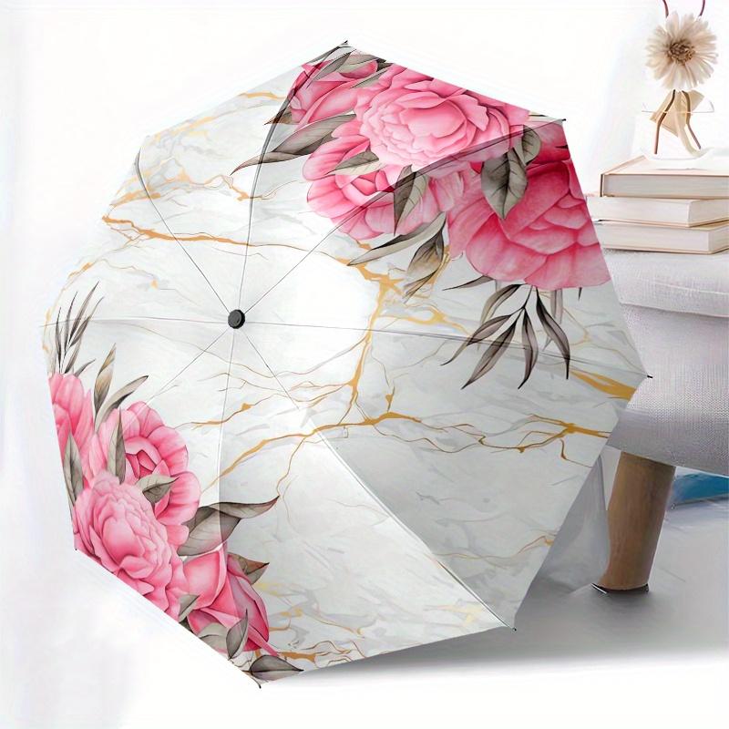 Marble TextureFloral Design Automatic Folding Umbrella Simple 8 Rib Design, Bright Cartoon Pattern, Durable Iron Frame, Suitable For Travel