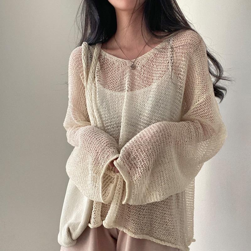 Spring Summer Long Sleeved Knitted Sunscreen Shirt See Through Retro Casual Simple Loose Hollow Out Thin Blouse V Neck Solid Color Top Clothing