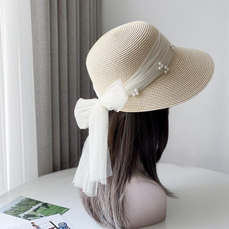 Versatile Hat Style Straw Woven Sweet Bow Pearlwomens Sunshade Hatscaps