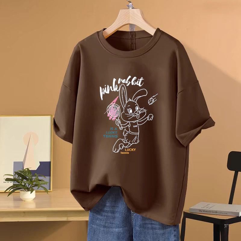 

Женская футболка свободного кроя из 100% хлопка с короткими рукавами и рисунком из мультфильма, модель 2025 года, больших размеров - утягивающая, прикрывающая живот, повседневный дизайн M (100-120 jin)