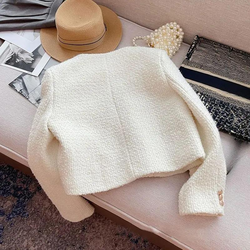 Damen Tweed Basic Knopfleiste Jacke Dünner Kurzmantel Herbst Winter Kleidung Laufsteg Stil Wolloberbekleidung