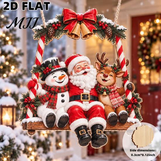 Rustic Christmas Home Accents Santa Claus Hanging Ornaments, Wooden Pendant with Hemp Xmas Party Supplies Rope, Vintage Wall Decoration for