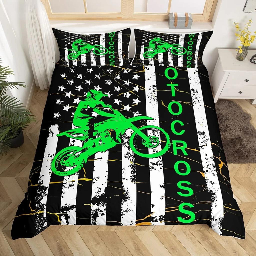 Dirt Bike King Queen Duvet Cover Motocross Sports Bedding Set Motorcycle Quilt Cover Youth Cool Black White Soft Comforter Cover