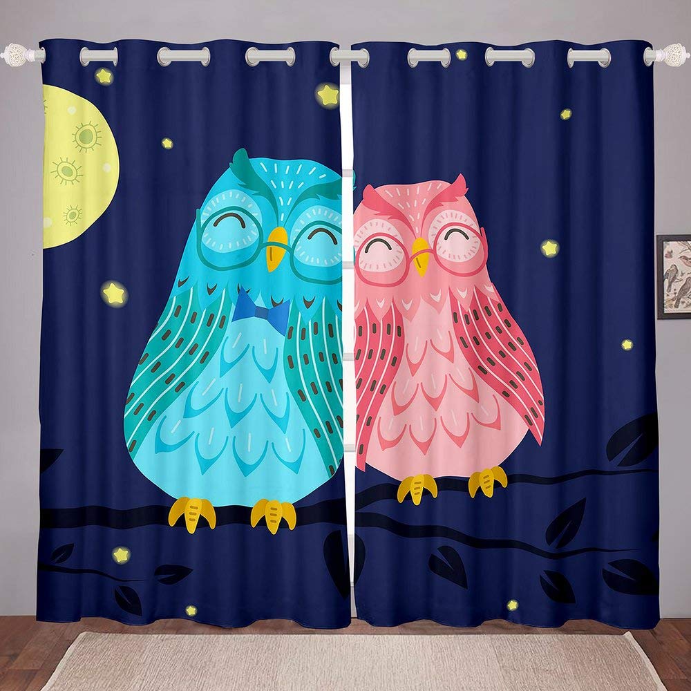 

Owl Window Curtains for Bedroom Living Room Cute Owls Curtain Kids Boys Girls Window Drapes Decor Window Treatments 2 Panels W55 X H120cm X 2&Grommet Top