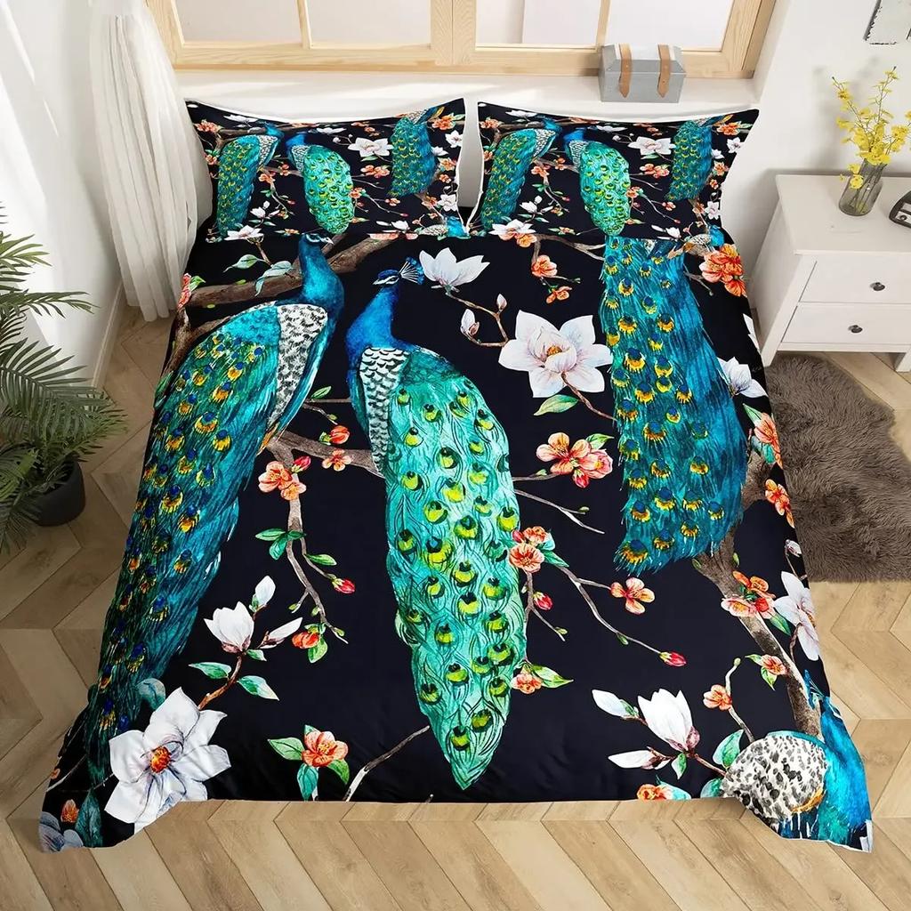 Peacock Comforter Cover Bohemian Duvet Cover Set Exotic Birds Animals Bedding Set Feather Floral Fresh Natural Bedspreads Cover