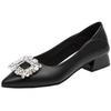 Rhinestone Soft-faced Square Buckle High Heels 2025 Summer New French Single Shoes Pointed Black Professional Commuter Leather Shoes Women