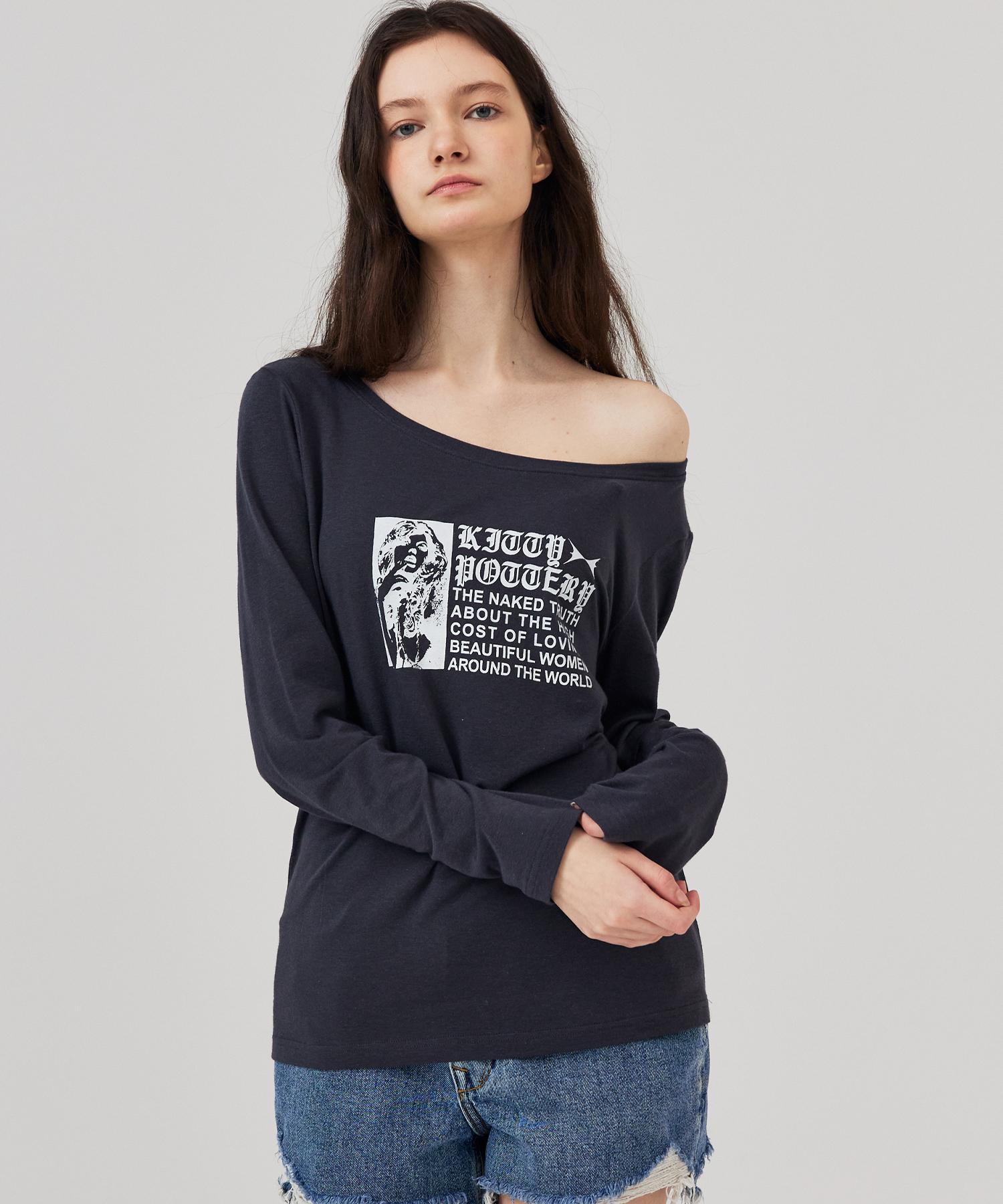 Kitty Pottery Boat Neck Glam Graphic Long Sleeve T-Shirt Charcoal Indie Pink/Free_One Size