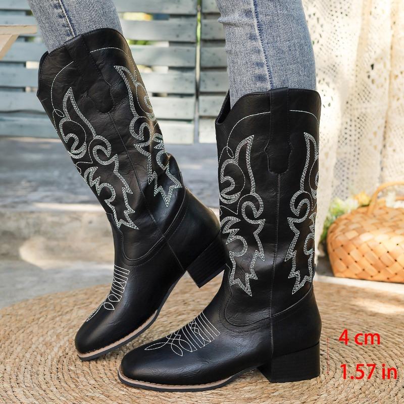 New thick heel y western cowboy boots embroidered sleeve retro tall large size riding boots women