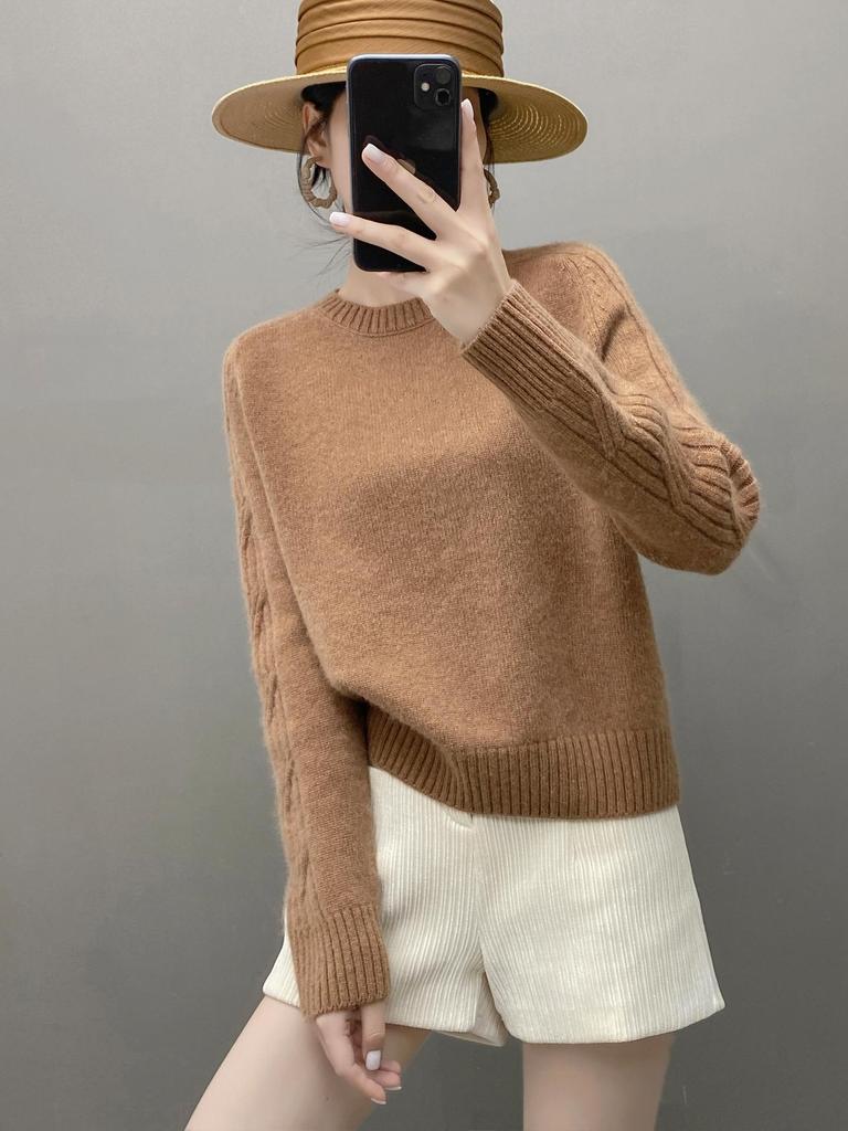 Damski Oversize'owy Sweter Żakardowy z Kaszmiru - Okrągły Dekolt Warstwa Bazowa