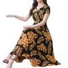 Lady Fashion Floral Print Tight Waist Large Swing V-Neck Short Sleeve Maxi Dress