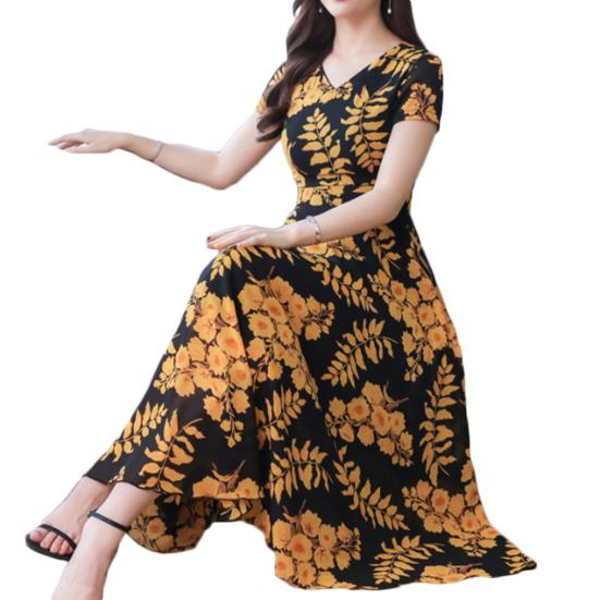 Lady Fashion Floral Print Tight Waist Large Swing V-Neck Short Sleeve Maxi Dress