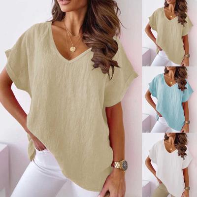 Women's Summer Linen Short Sleeve V-Neck Shirt T-Shirt Tops