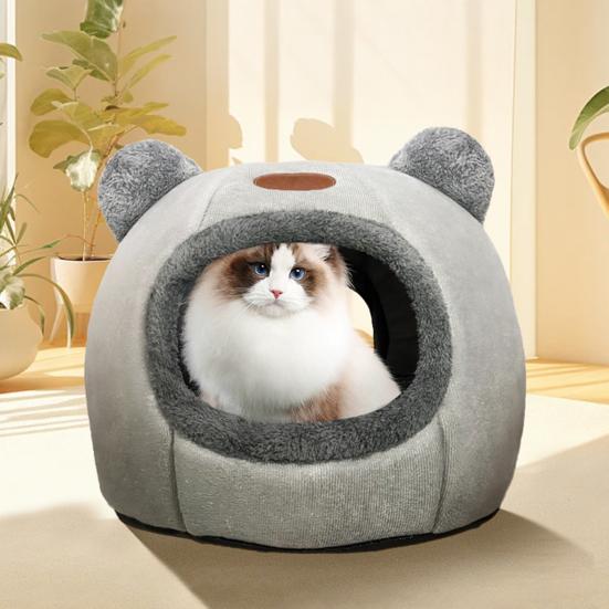 Cute Cat Cave Bed Cozy Pet Bed with Bear Ears Non-Slip Bottom Winter Cat Nest with Removable Washable Cushion for Indoor Cats Puppies