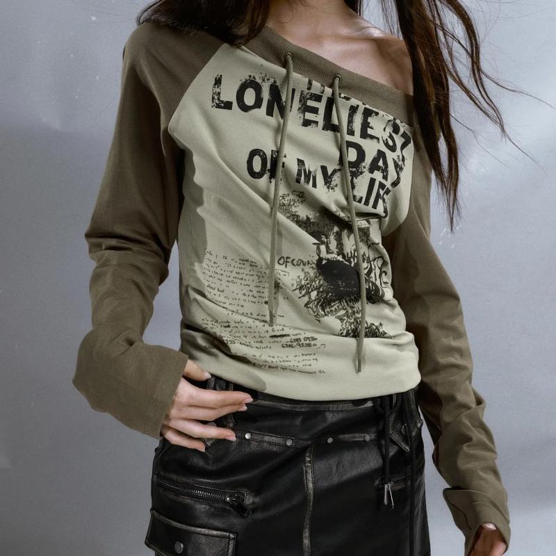 2000s Grunge Vintage Streetwear Mikina Dámská Americká Retro Y2k Harajuku Sexy Estetická Volná Pulovry Nepravidelná Slim Fit Trička