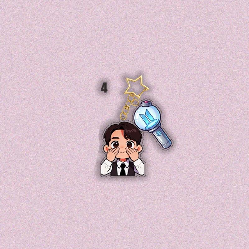 7pcs BTS Cartoon Suit Acrylic Keychain, Bangtan Boys Cartoon Figure with Army Bomb & Star Charm, Kpop ARMY Fans Bag Pendant
