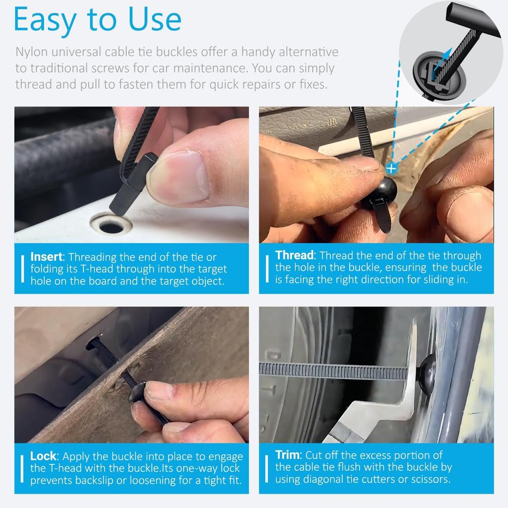 50Pcs Nylon Universal Cable Tie Buckles, 2026 Upgraded Heavy Duty Automotive Zipper Clips, Double-Side Self-Locking T Rivet Zip Ties For Car Repairs,