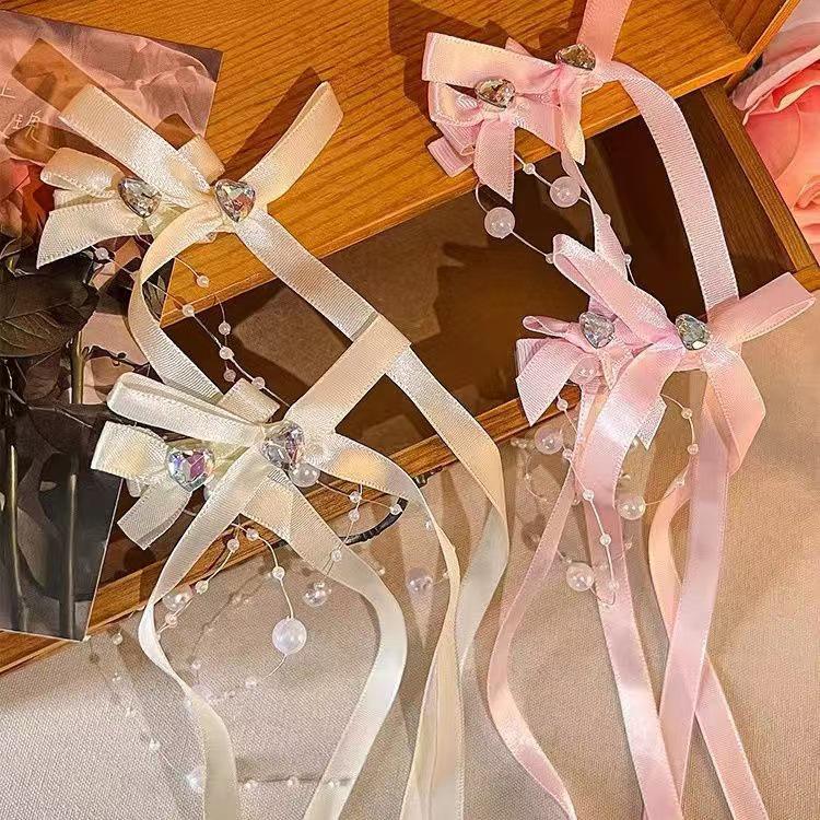 Fermaglio per Capelli con Nappa e Fiocco in Perline e Nastro Francese per Bambine – Doppia Pinza Intrecciata Stile Balletto