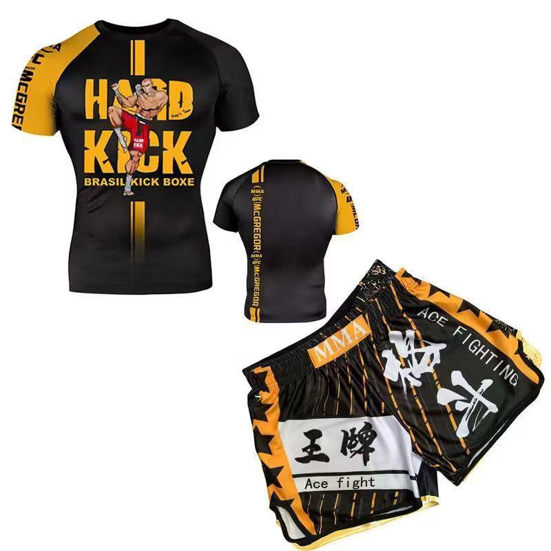 Herren Kompressions MMA Boxen Trainingsset Kurzarm Rash Guard Shorts Kampfsport Fitness